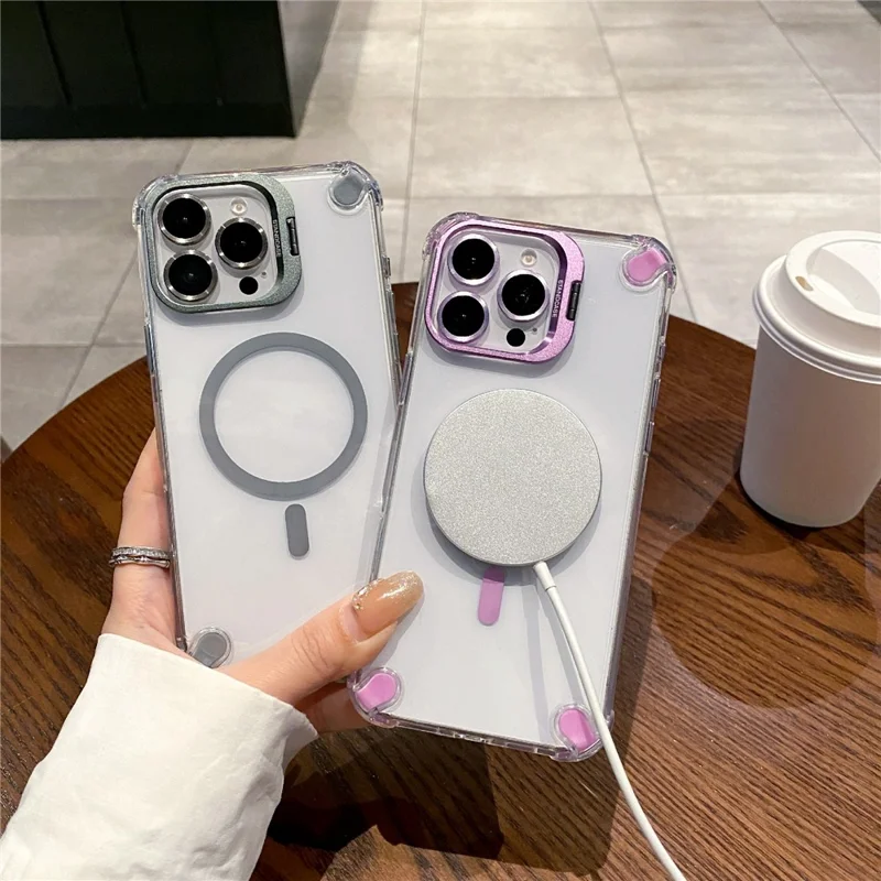 For iPhone 16 Pro Magnetic Clear Case Shockproof Hybrid Phone Shell with Camera Lens Frame Kickstand - Brown