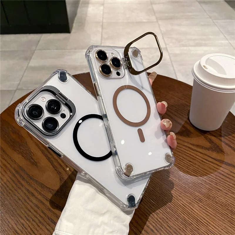 For iPhone 16 Pro Magnetic Clear Case Shockproof Hybrid Phone Shell with Camera Lens Frame Kickstand - Brown