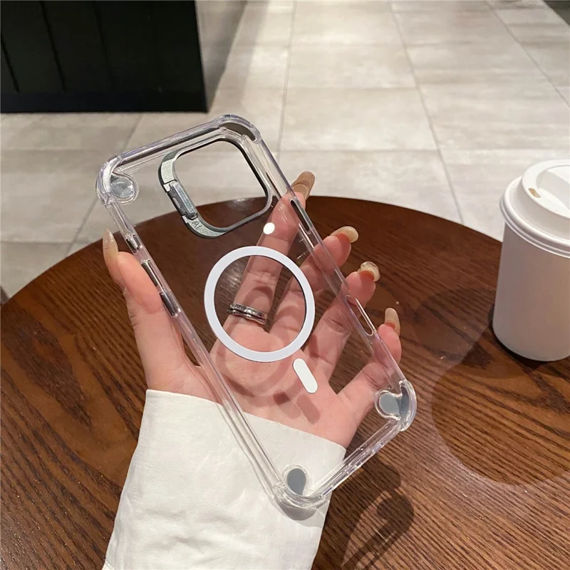 For iPhone 16 Pro Magnetic Clear Case Shockproof Hybrid Phone Shell with Camera Lens Frame Kickstand - Brown