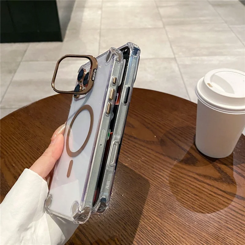 For iPhone 16 Pro Magnetic Clear Case Shockproof Hybrid Phone Shell with Camera Lens Frame Kickstand - Brown