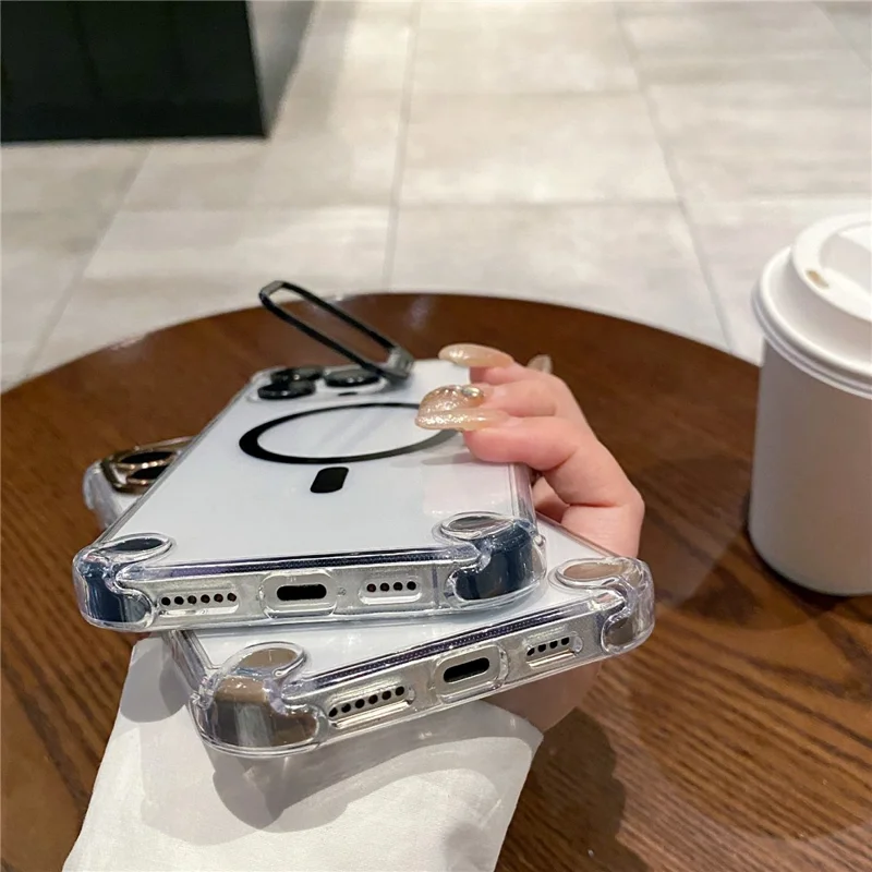 For iPhone 16 Pro Magnetic Clear Case Shockproof Hybrid Phone Shell with Camera Lens Frame Kickstand - Brown