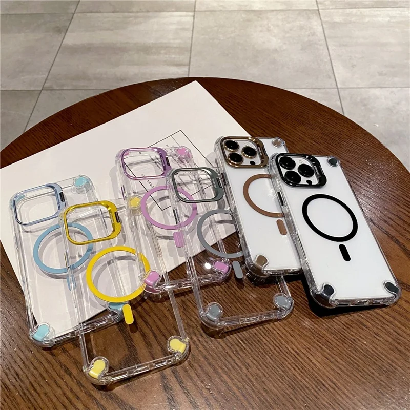 For iPhone 16 Pro Magnetic Clear Case Shockproof Hybrid Phone Shell with Camera Lens Frame Kickstand - Brown