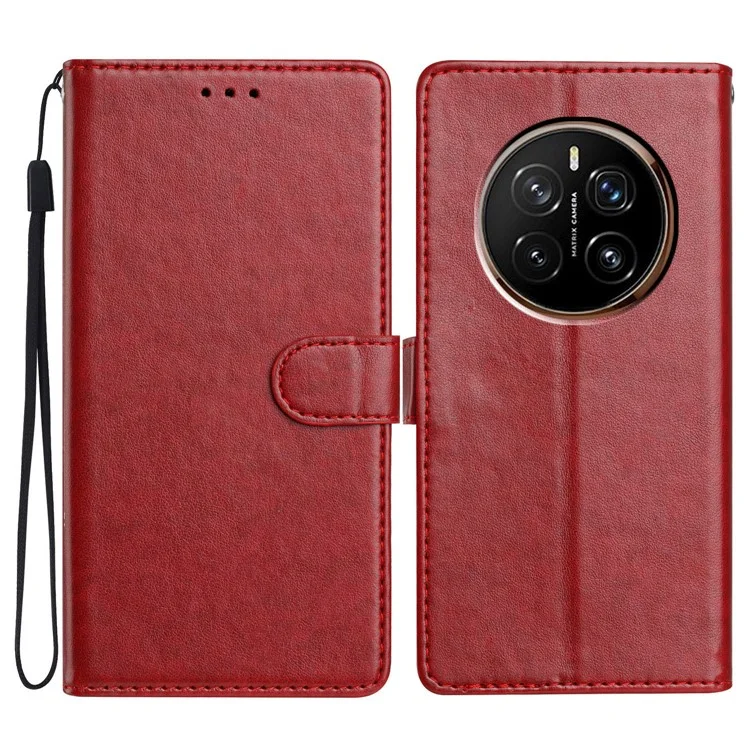 For Honor Magic7 Pro 5G Leather Case Wallet Stand Phone Cover with Handy Strap - Red