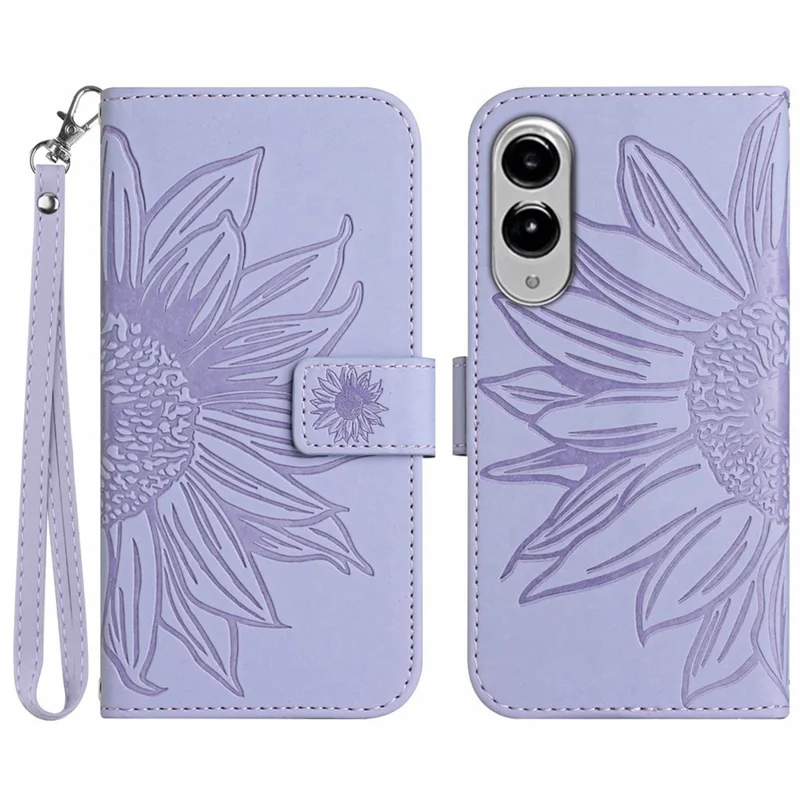For Samsung Galaxy S25 Edge Case Sunflower Imprint Leather Wallet Phone Cover with Wrist Strap - Light Purple