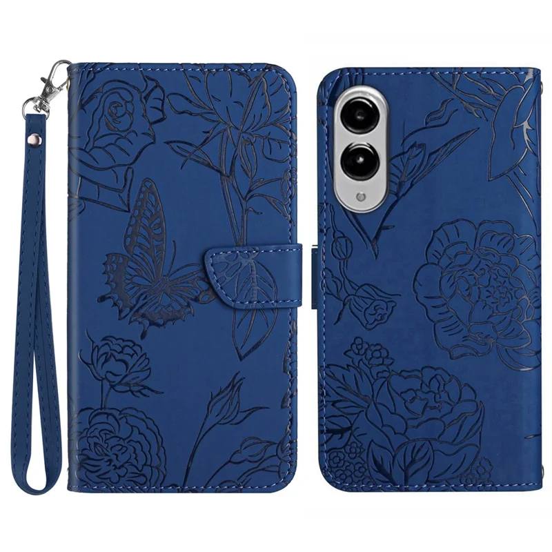 For Samsung Galaxy S25 Edge Case Butterfly Flower Imprinted Leather Phone Cover with Strap - Blue