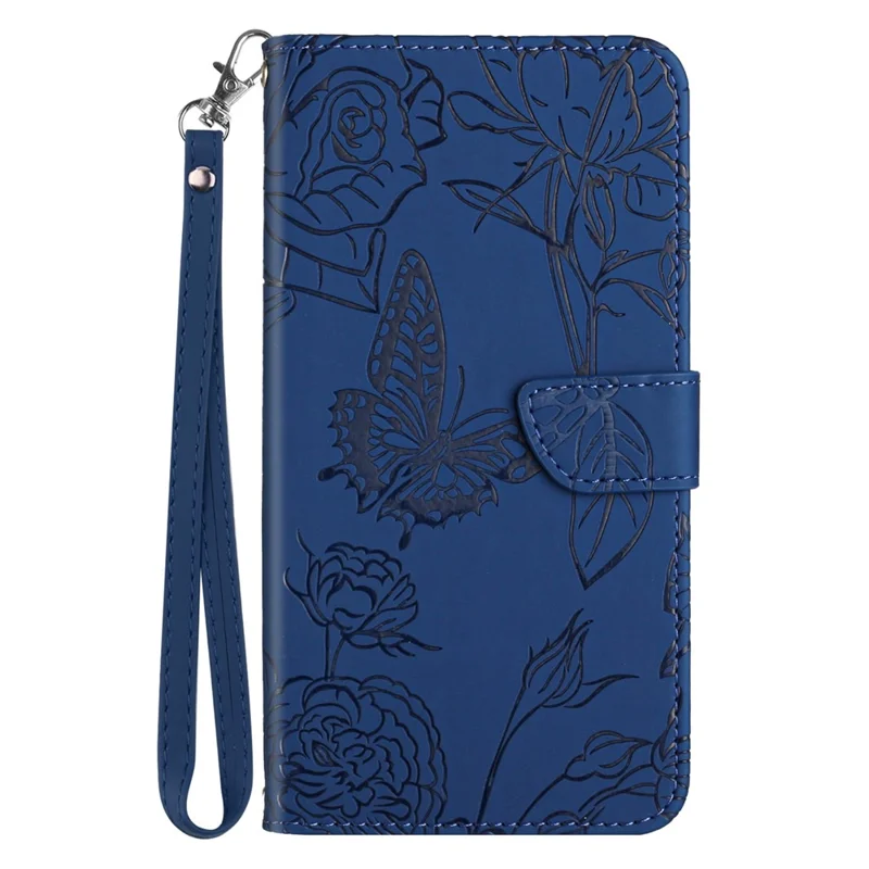 For Samsung Galaxy S25 Edge Case Butterfly Flower Imprinted Leather Phone Cover with Strap - Blue