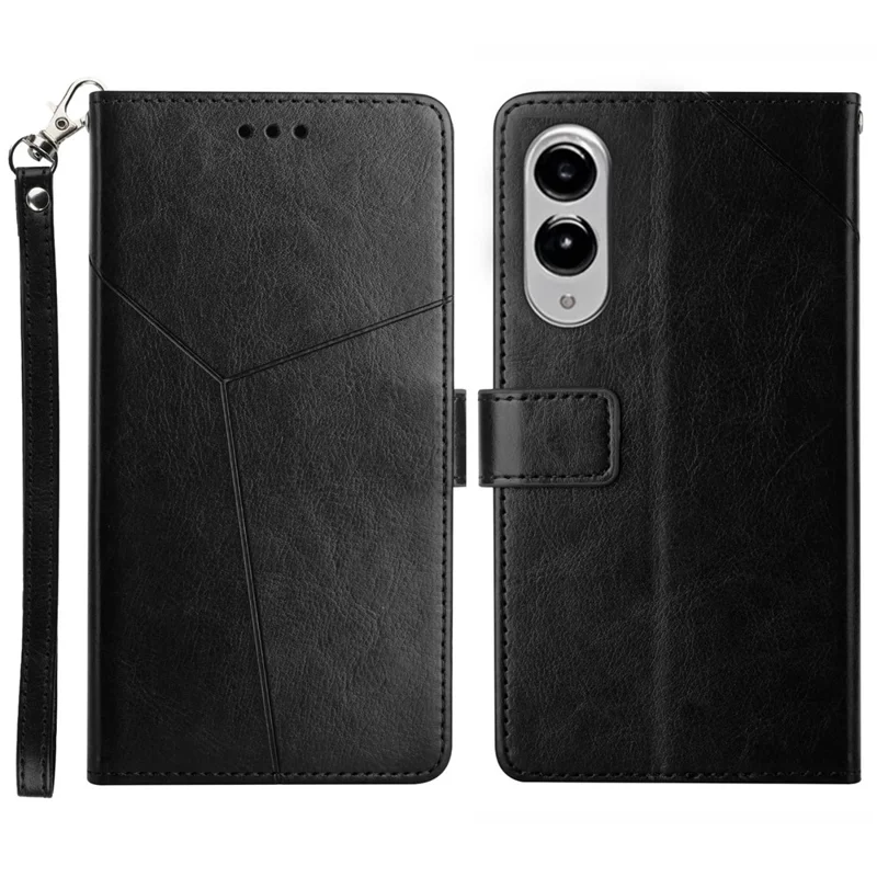 For Samsung Galaxy S25 Edge Case with Wrist Strap Y Shaped Lines Imprint Leather Phone Cover - Black