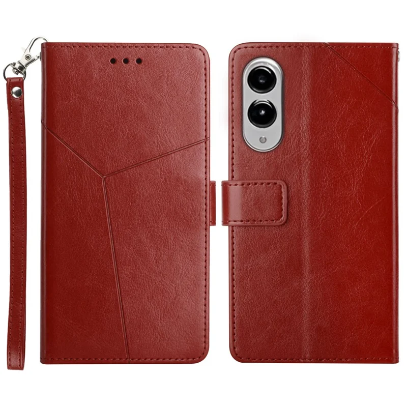 Für Samsung Galaxy S25 Edge Hülle mit Y-förmigen Linien Geprägtes Leder Handyhülle - Braun