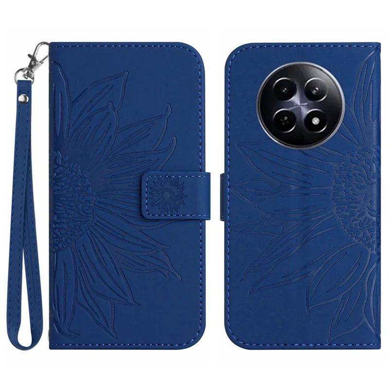 For Realme 13+ 5G Case Sunflower Imprint Leather Wallet Phone Cover with Wrist Strap - Sapphire