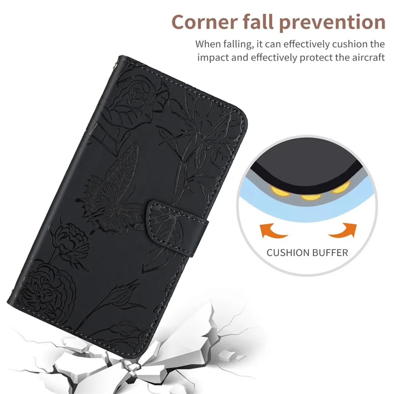 Capa para Realme 13+ 5G / 13 Pro 5G (China) com Borboleta e Flor Impressa em Couro com Alça - Preto