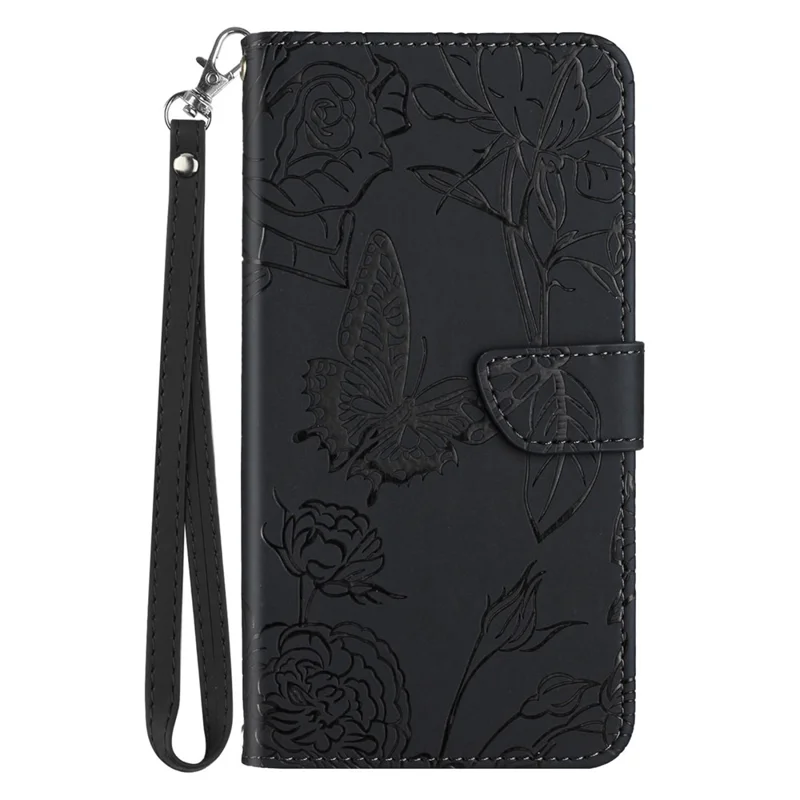 Capa para Realme 13+ 5G / 13 Pro 5G (China) com Borboleta e Flor Impressa em Couro com Alça - Preto