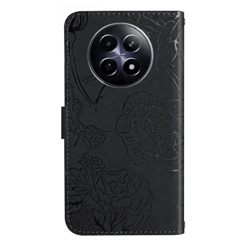 Capa para Realme 13+ 5G / 13 Pro 5G (China) com Borboleta e Flor Impressa em Couro com Alça - Preto