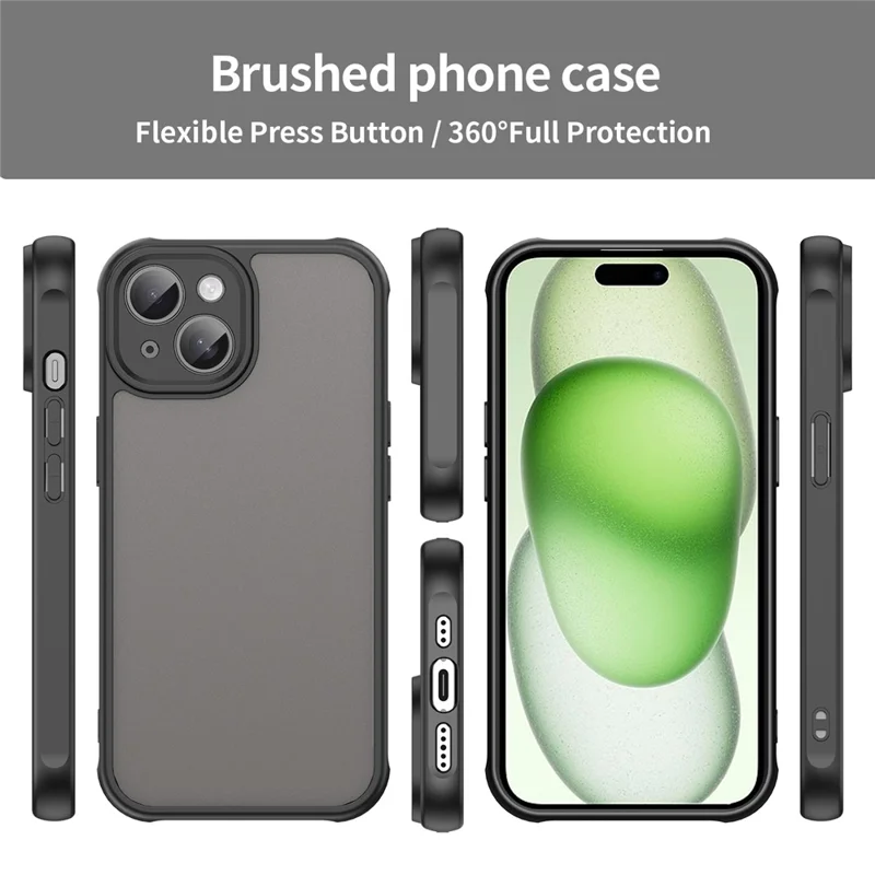 For iPhone 15 Case Drop Proof Airbags Frosted Translucent PC + TPU Phone Back Cover - Black