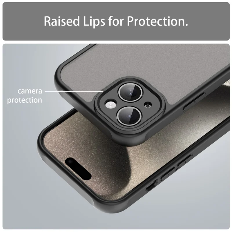 For iPhone 15 Case Drop Proof Airbags Frosted Translucent PC + TPU Phone Back Cover - Black
