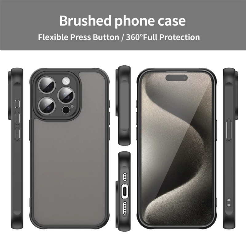 For iPhone 15 Pro Case Drop Proof Airbags Frosted Translucent PC + TPU Phone Back Cover - Black
