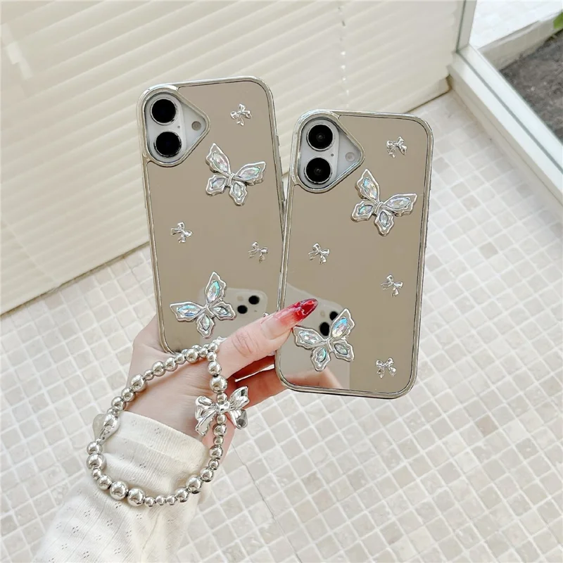 For iPhone 16 Case Rhinestone Decor Butterfly Mirror Surface Phone Cover with Strap