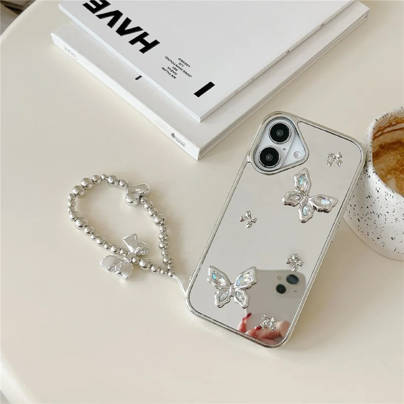 For iPhone 16 Case Rhinestone Decor Butterfly Mirror Surface Phone Cover with Strap