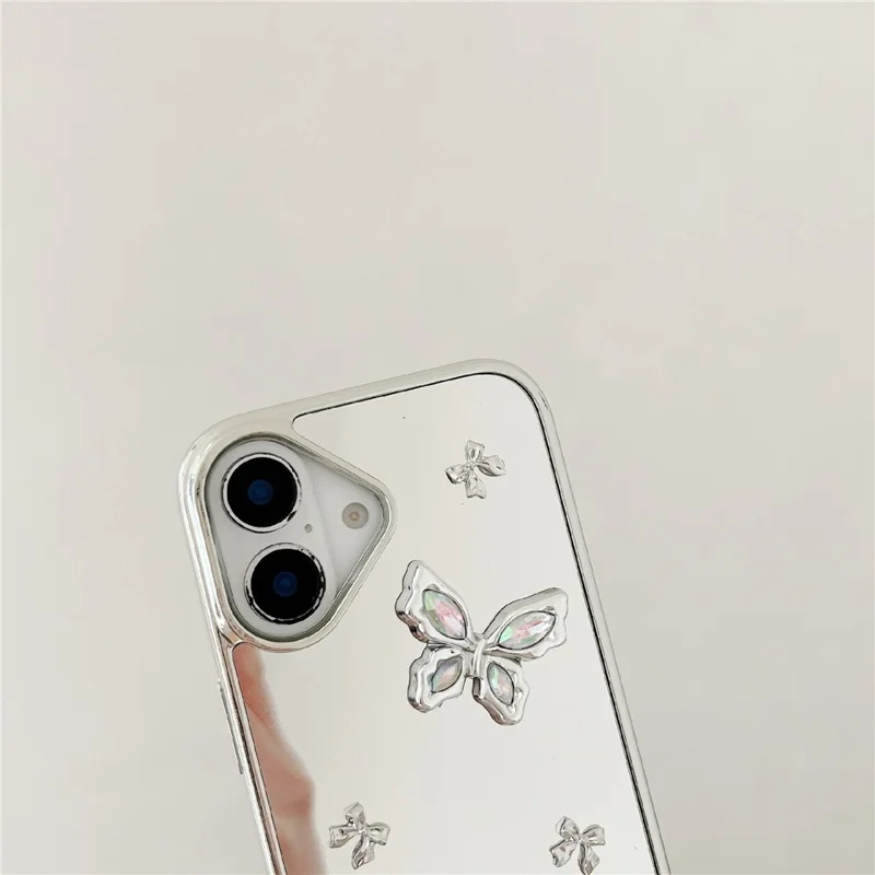 For iPhone 16 Case Rhinestone Decor Butterfly Mirror Surface Phone Cover with Strap