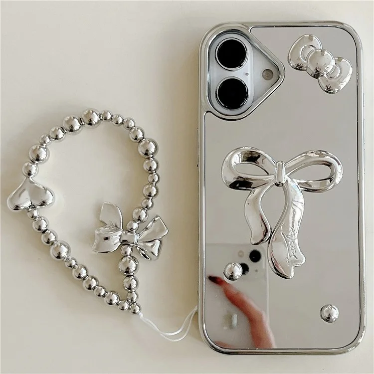 For iPhone 16 Case 3D Bowknot Mirror Surface Design Phone Back Cover with Strap