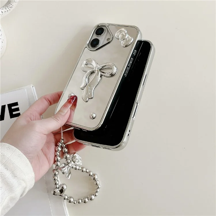 For iPhone 16 Case 3D Bowknot Mirror Surface Design Phone Back Cover with Strap