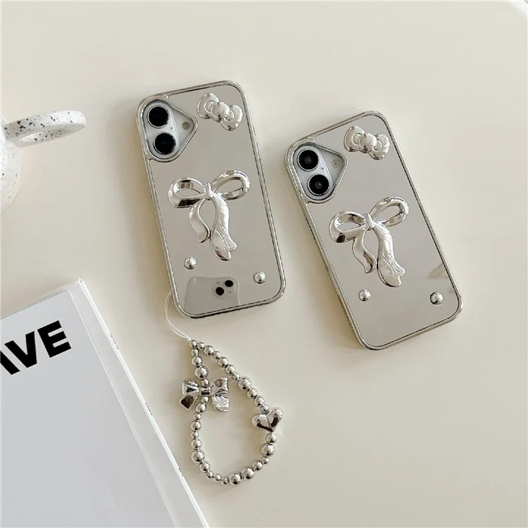 For iPhone 16 Case 3D Bowknot Mirror Surface Design Phone Back Cover with Strap