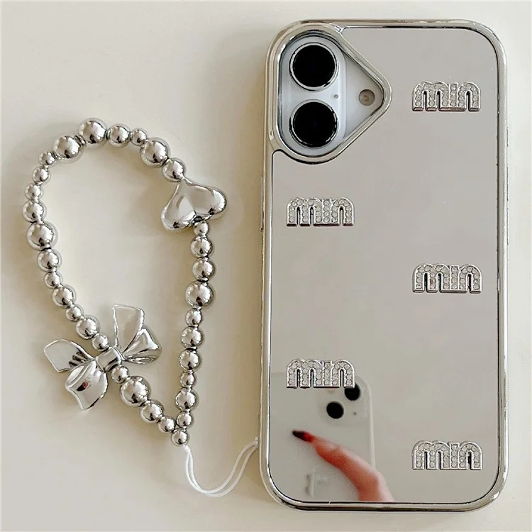 For iPhone 16 Case Rhinestone Letters Mirror Surface Design TPU Acrylic Phone Back Cover with Strap