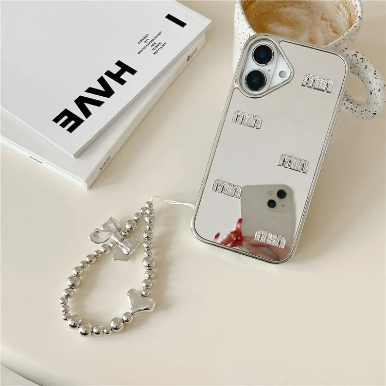 For iPhone 16 Case Rhinestone Letters Mirror Surface Design TPU Acrylic Phone Back Cover with Strap