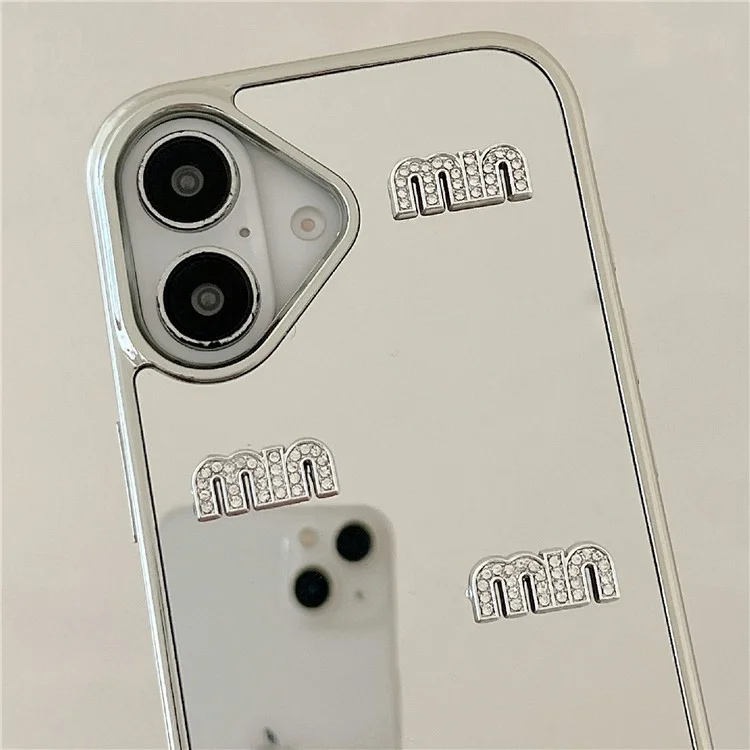 For iPhone 16 Case Rhinestone Letters Mirror Surface Design TPU Acrylic Phone Back Cover with Strap