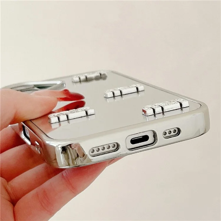 For iPhone 16 Case Rhinestone Letters Mirror Surface Design TPU Acrylic Phone Back Cover with Strap