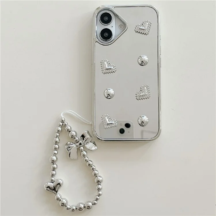 iPhone 16 Case Mirror Finish Electroplated Heart Design TPU Acrylic Phone Cover with Silver Beads Strap