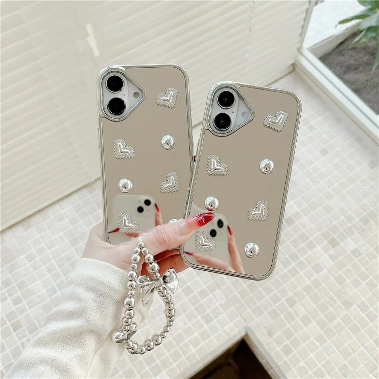 iPhone 16 Case Mirror Finish Electroplated Heart Design TPU Acrylic Phone Cover with Silver Beads Strap