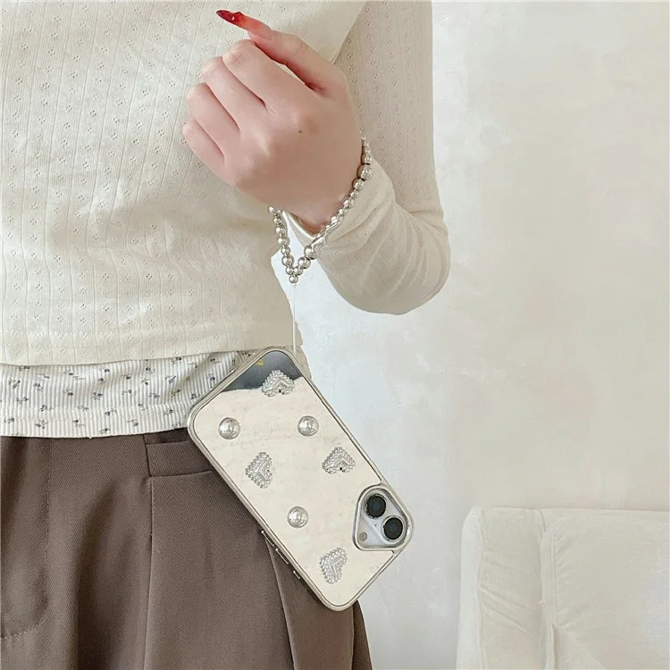 iPhone 16 Case Mirror Finish Electroplated Heart Design TPU Acrylic Phone Cover with Silver Beads Strap