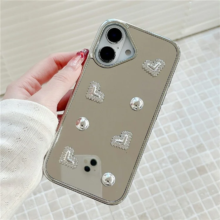 iPhone 16 Case Mirror Finish Electroplated Heart Design TPU Acrylic Phone Cover with Silver Beads Strap