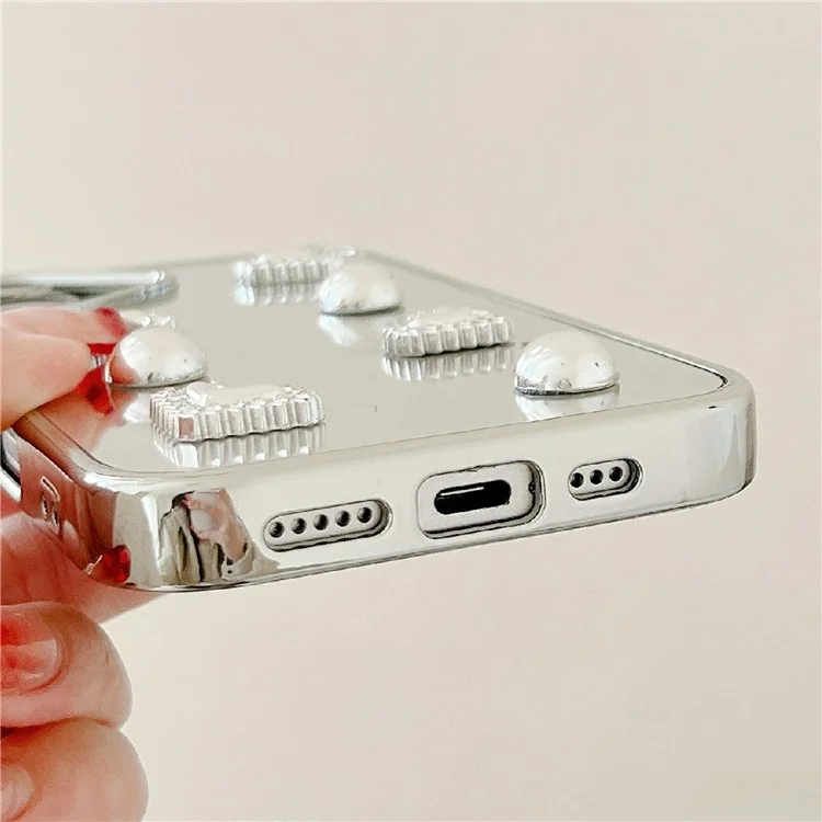 iPhone 16 Case Mirror Finish Electroplated Heart Design TPU Acrylic Phone Cover with Silver Beads Strap