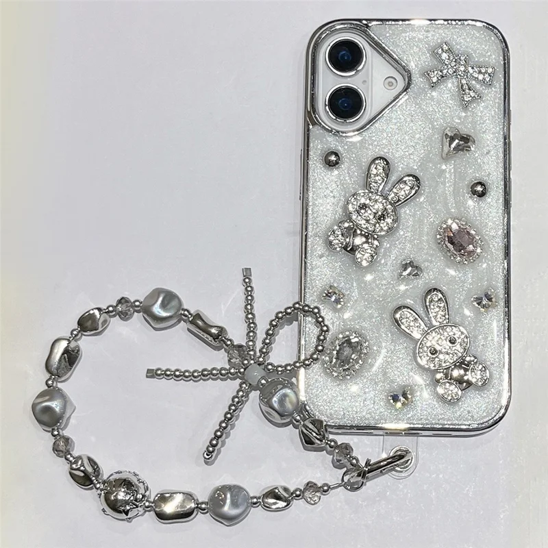 For iPhone 16 Case Glitter Rabbit Epoxy Protective Hybrid Phone Cover with Strap