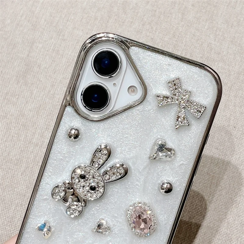 For iPhone 16 Case Glitter Rabbit Epoxy Protective Hybrid Phone Cover with Strap