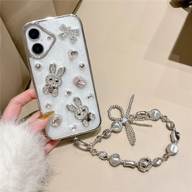 For iPhone 16 Case Glitter Rabbit Epoxy Protective Hybrid Phone Cover with Strap
