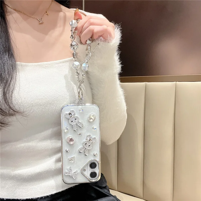 For iPhone 16 Case Glitter Rabbit Epoxy Protective Hybrid Phone Cover with Strap