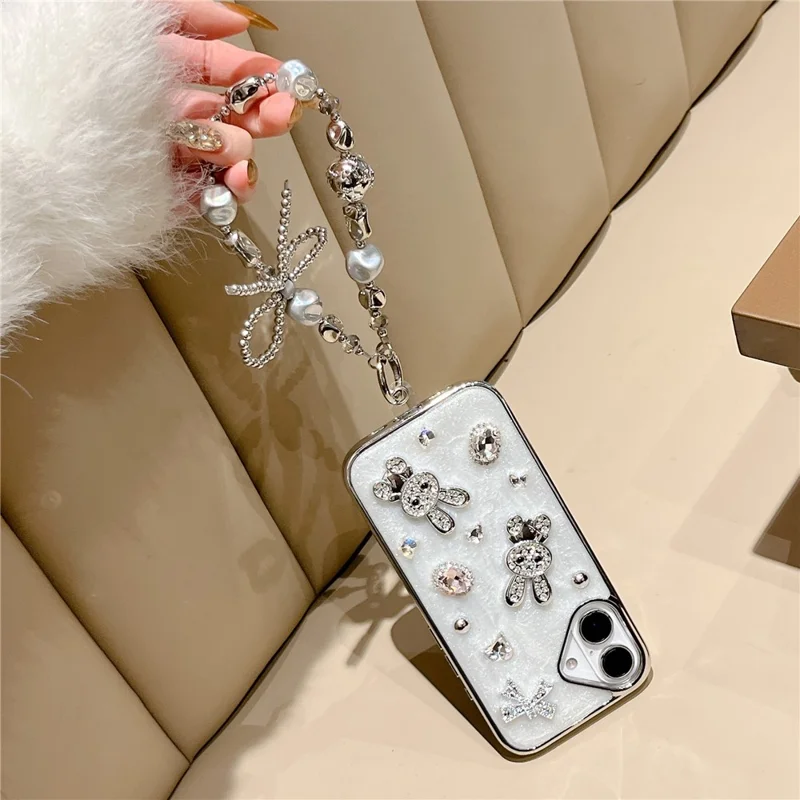 For iPhone 16 Case Glitter Rabbit Epoxy Protective Hybrid Phone Cover with Strap