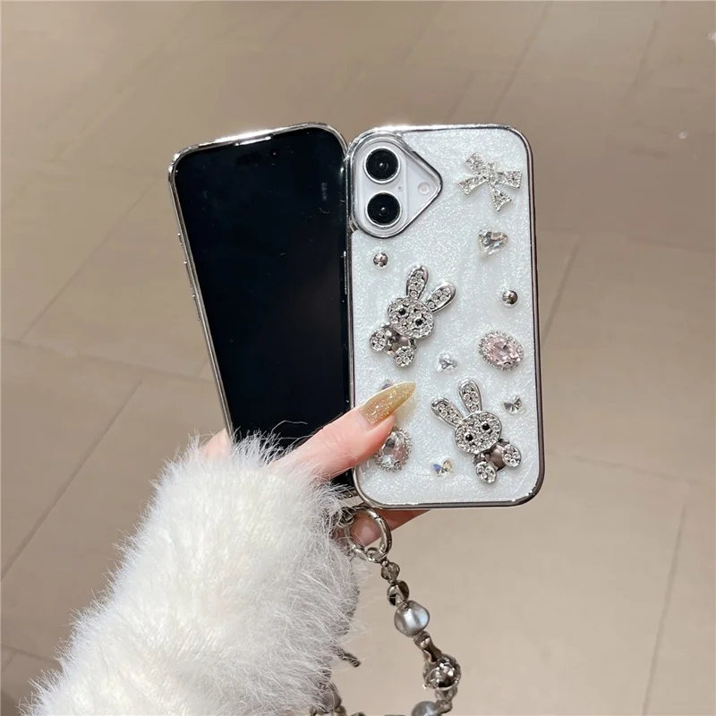 For iPhone 16 Case Glitter Rabbit Epoxy Protective Hybrid Phone Cover with Strap