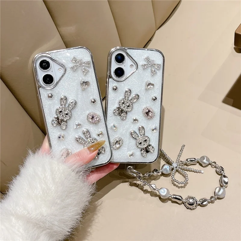 For iPhone 16 Case Glitter Rabbit Epoxy Protective Hybrid Phone Cover with Strap