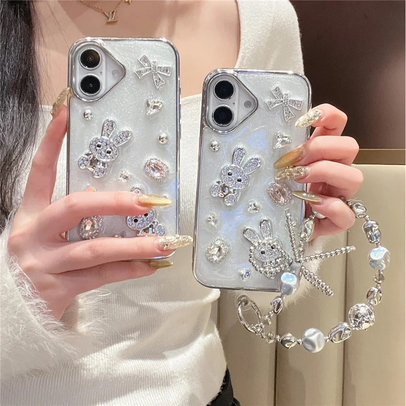 For iPhone 16 Case Glitter Rabbit Epoxy Protective Hybrid Phone Cover with Strap