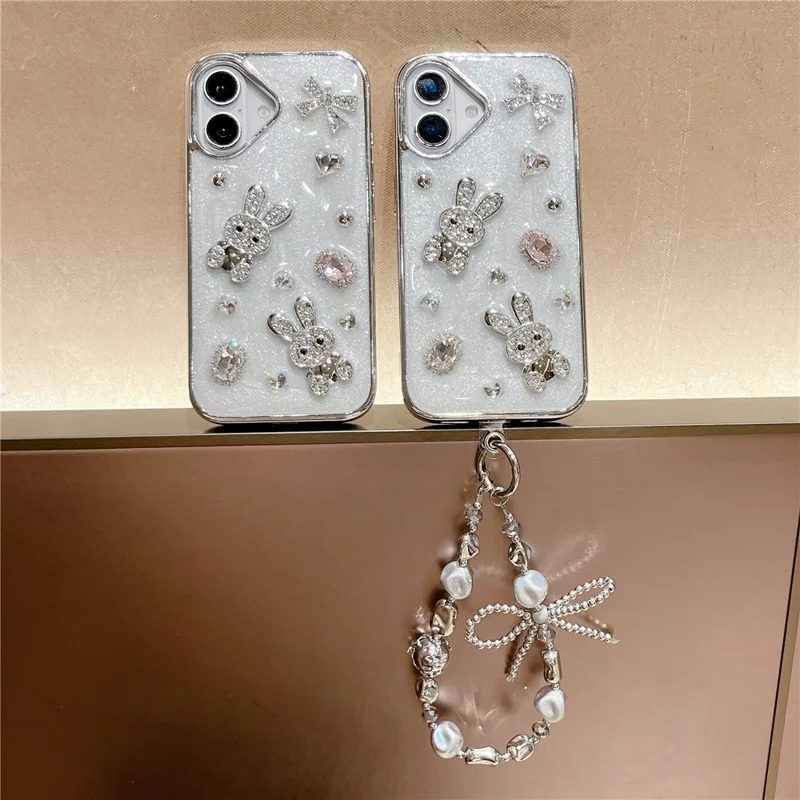 For iPhone 16 Case Glitter Rabbit Epoxy Protective Hybrid Phone Cover with Strap