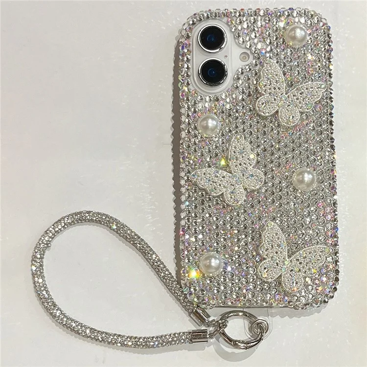 For iPhone 16 Case with Strap Luxury Pearl Butterfly Rhinestones Decor Phone Cover - White