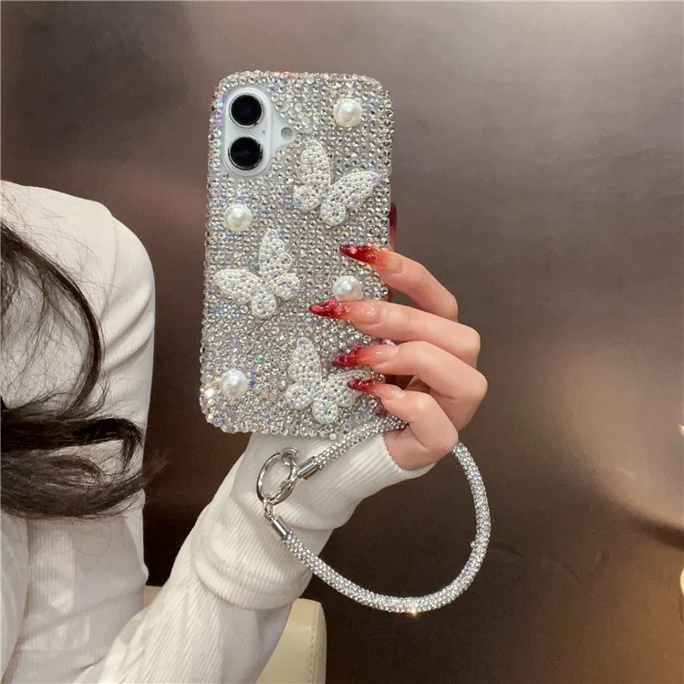 For iPhone 16 Case with Strap Luxury Pearl Butterfly Rhinestones Decor Phone Cover - White