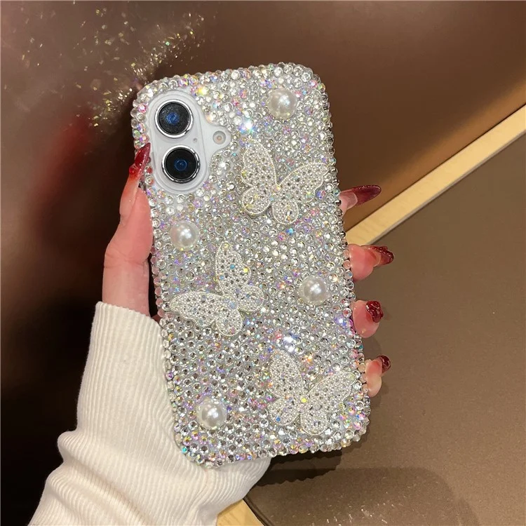 For iPhone 16 Case with Strap Luxury Pearl Butterfly Rhinestones Decor Phone Cover - White
