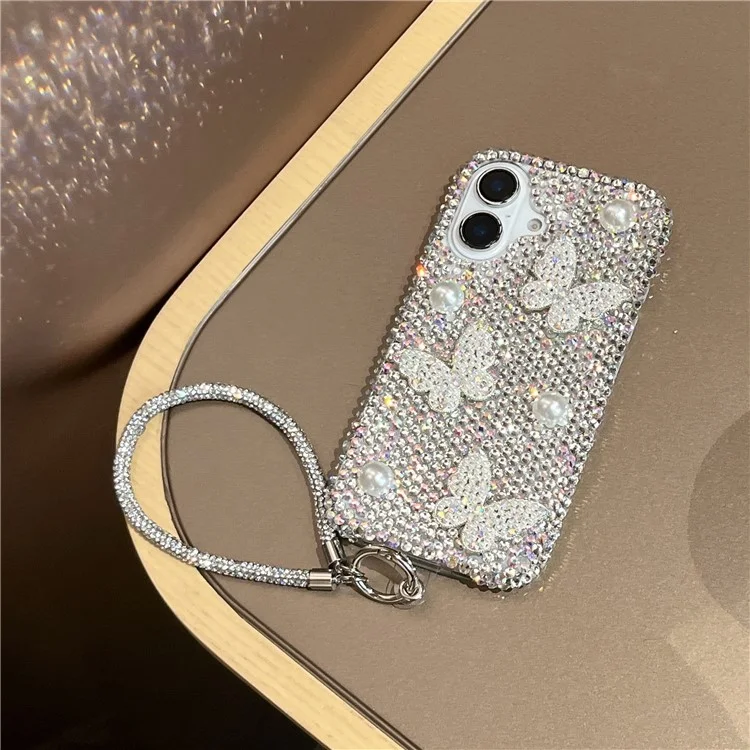 For iPhone 16 Case with Strap Luxury Pearl Butterfly Rhinestones Decor Phone Cover - White