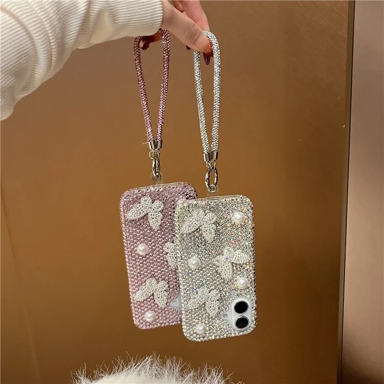 For iPhone 16 Case with Strap Luxury Pearl Butterfly Rhinestones Decor Phone Cover - White