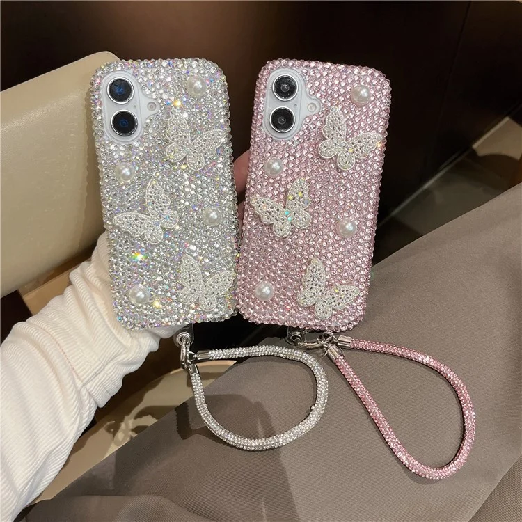 For iPhone 16 Case with Strap Luxury Pearl Butterfly Rhinestones Decor Phone Cover - White