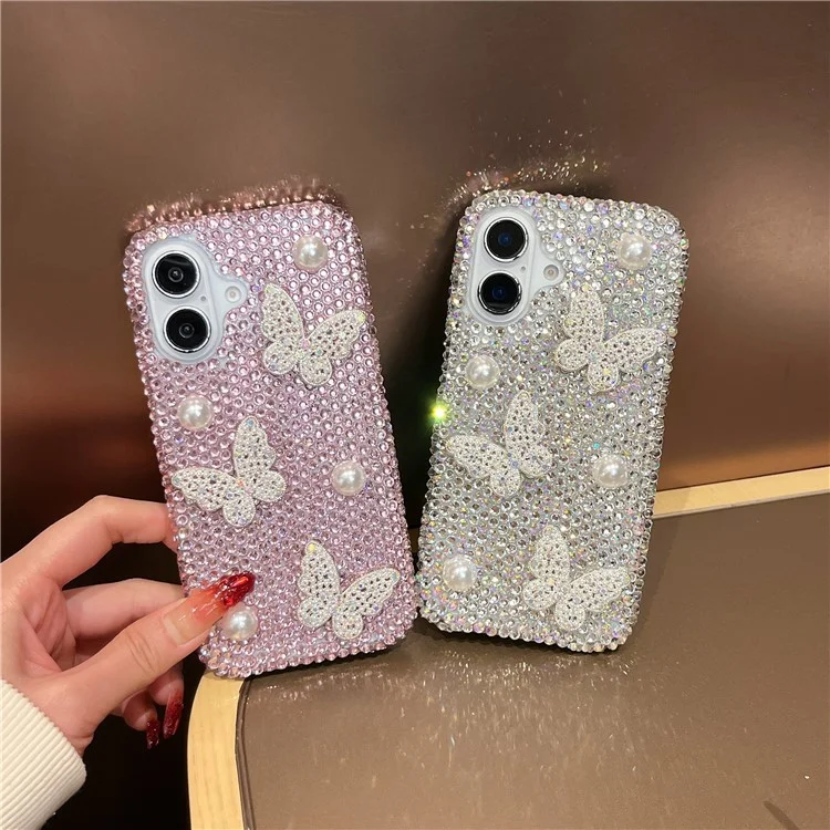 For iPhone 16 Case with Strap Luxury Pearl Butterfly Rhinestones Decor Phone Cover - White